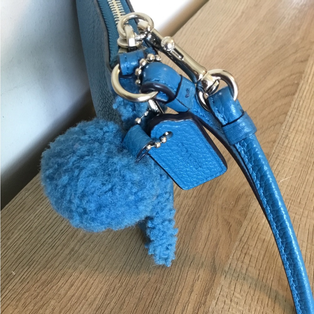 Coach Pebbled Leather Wristlet with Shearling Pom Pom and Trim - Picture 2 of 8